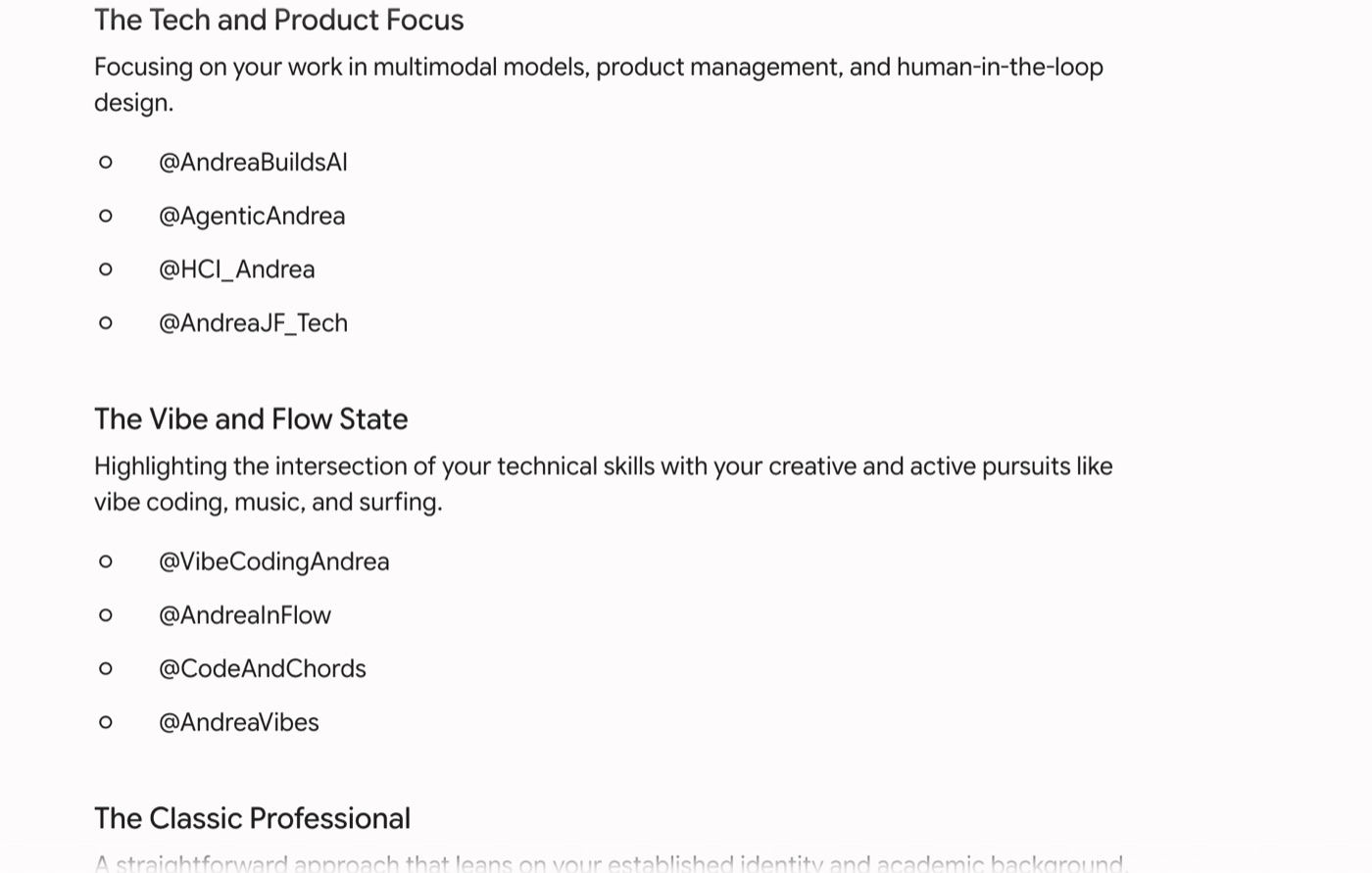 A chatbot suggesting website names and handles, grouped as 'The Tech and Product Focus', 'The Vibe and Flow State', and 'The Classic Professional'.