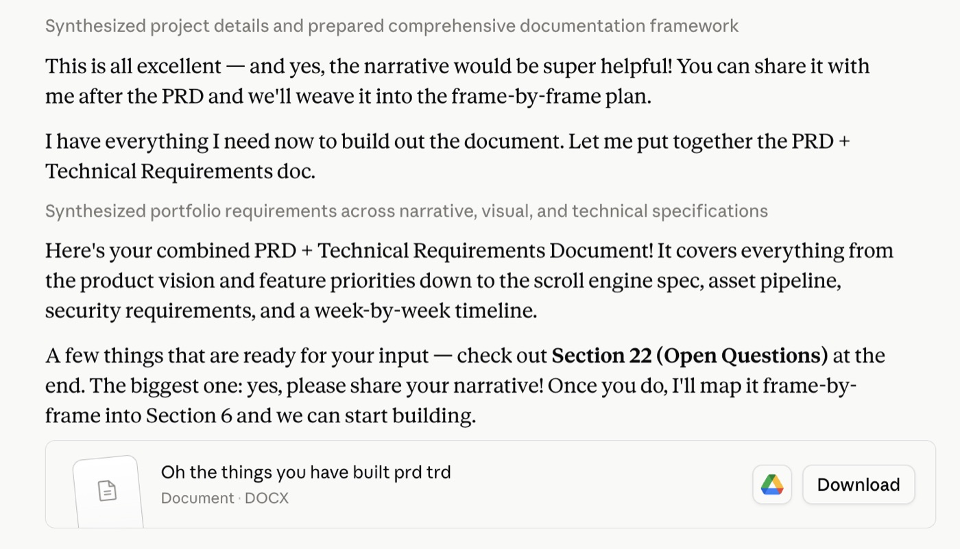A chatbot conversation producing a combined PRD + Technical Requirements Document, with a 'Oh the things you have built prd trd' DOCX ready to download.