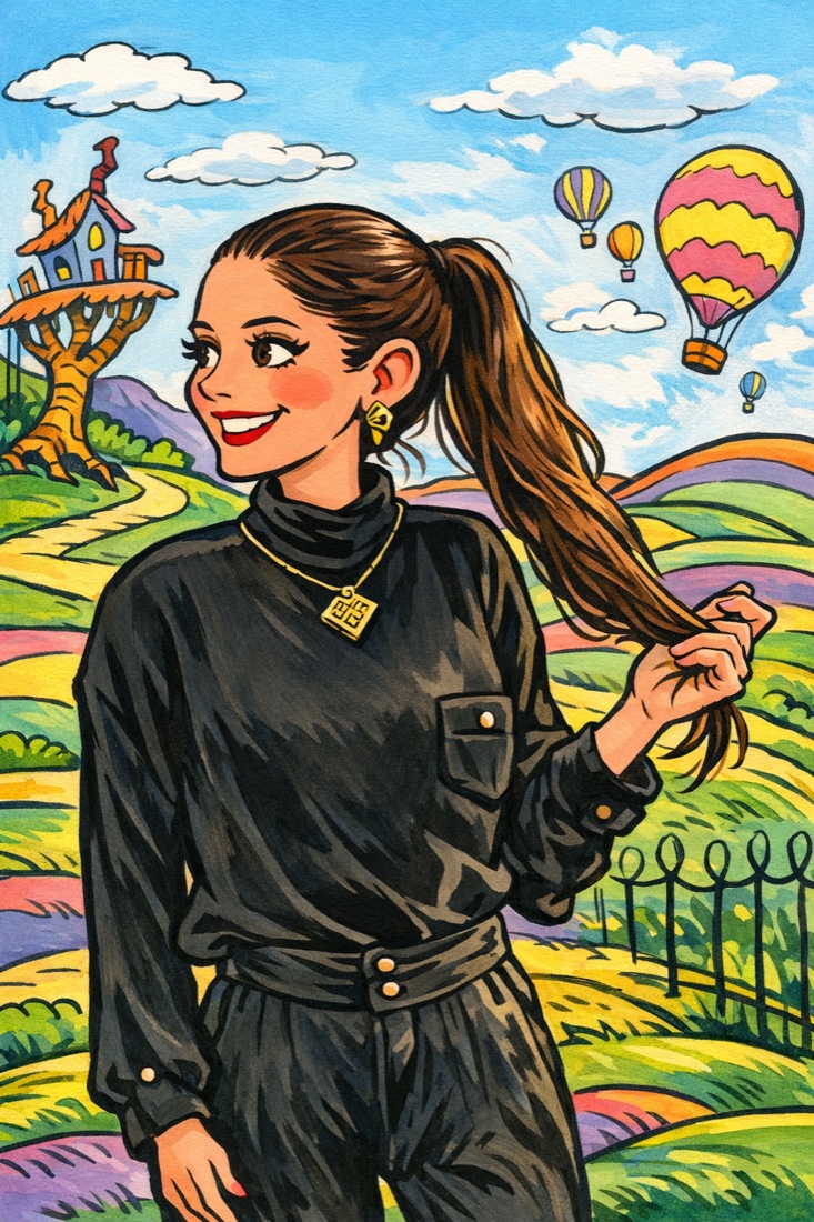 An illustrated portrait of Andrea in a Dr. Seuss-inspired landscape with rolling hills, a treehouse, and hot air balloons.