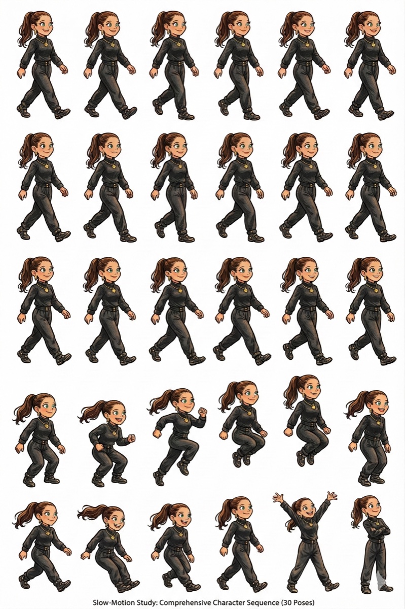 A sprite sheet of 30 hand-drawn poses of the same character walking, running, jumping, and celebrating — a slow-motion study for stop-motion animation.
