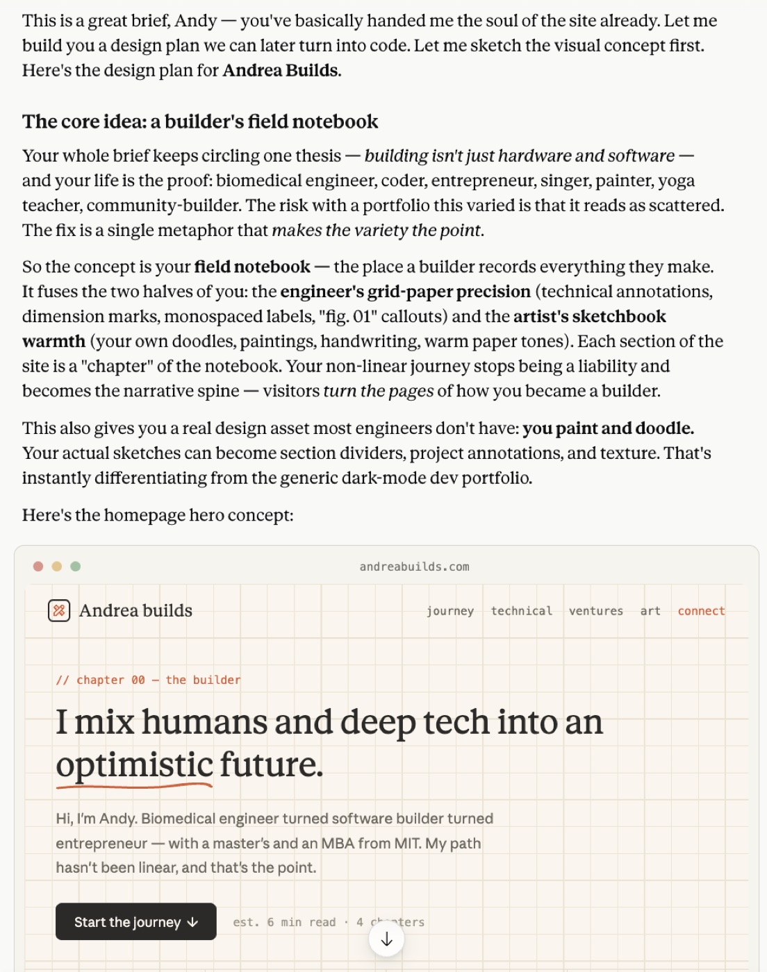 An AI design plan proposing a 'builder's field notebook' concept, with a grid-paper homepage hero mockup reading 'I mix humans and deep tech into an optimistic future.'
