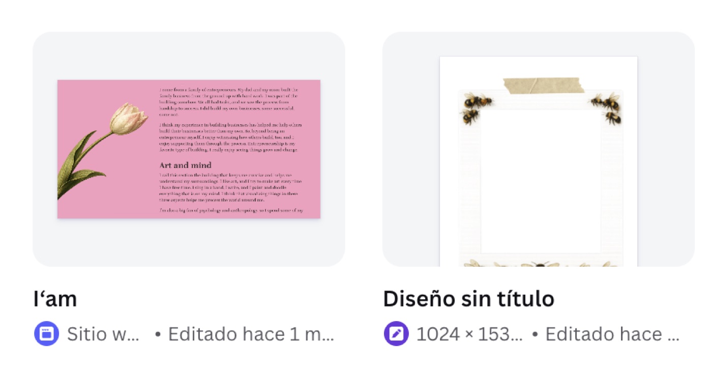 Two design explorations side by side: a pink page with a painted tulip and text, and a bee-framed stationery layout.